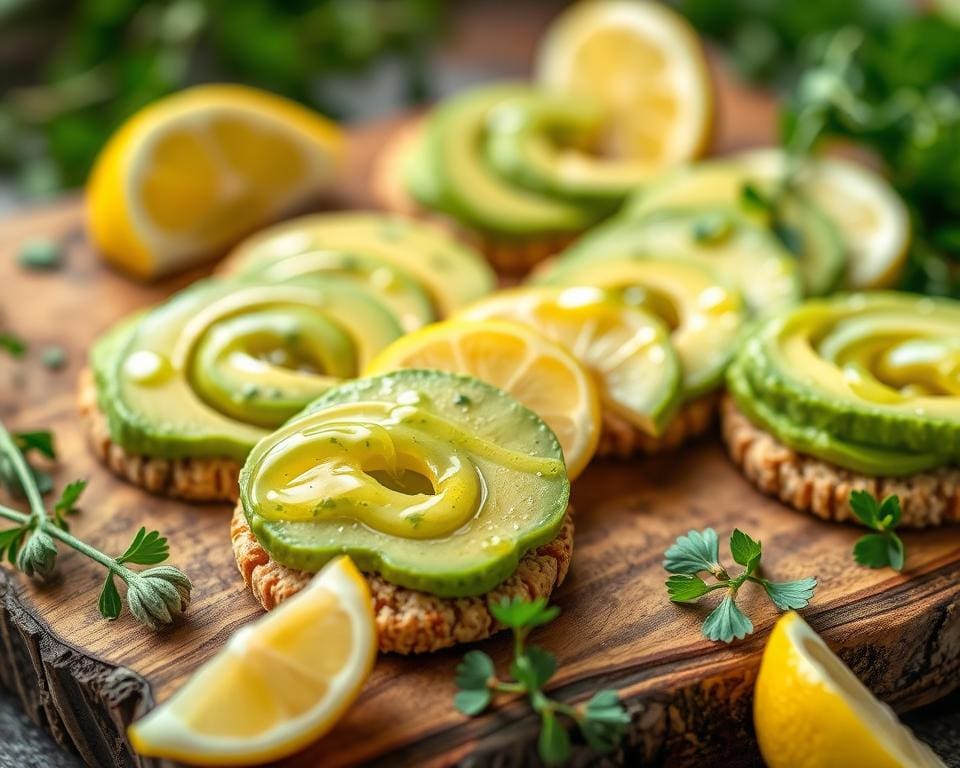 Volkoren crackers met avocado en citroensap