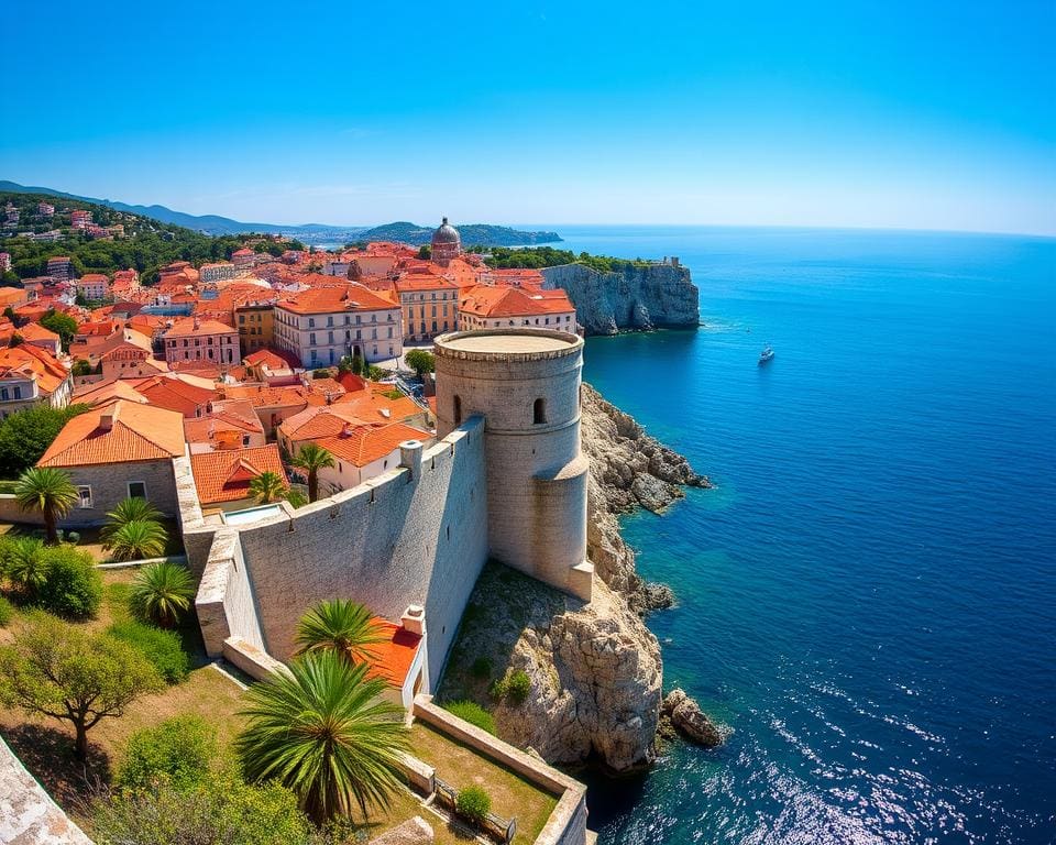 stadsmuur van Dubrovnik omringd door helderblauw water