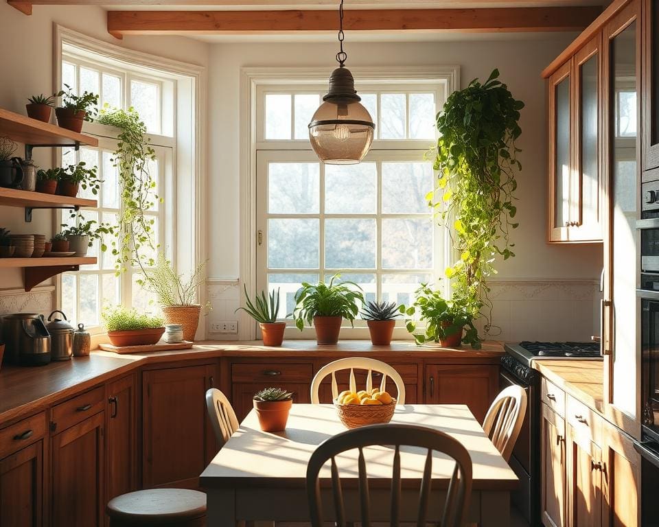 gezellige keuken ideeën met planten en open kasten