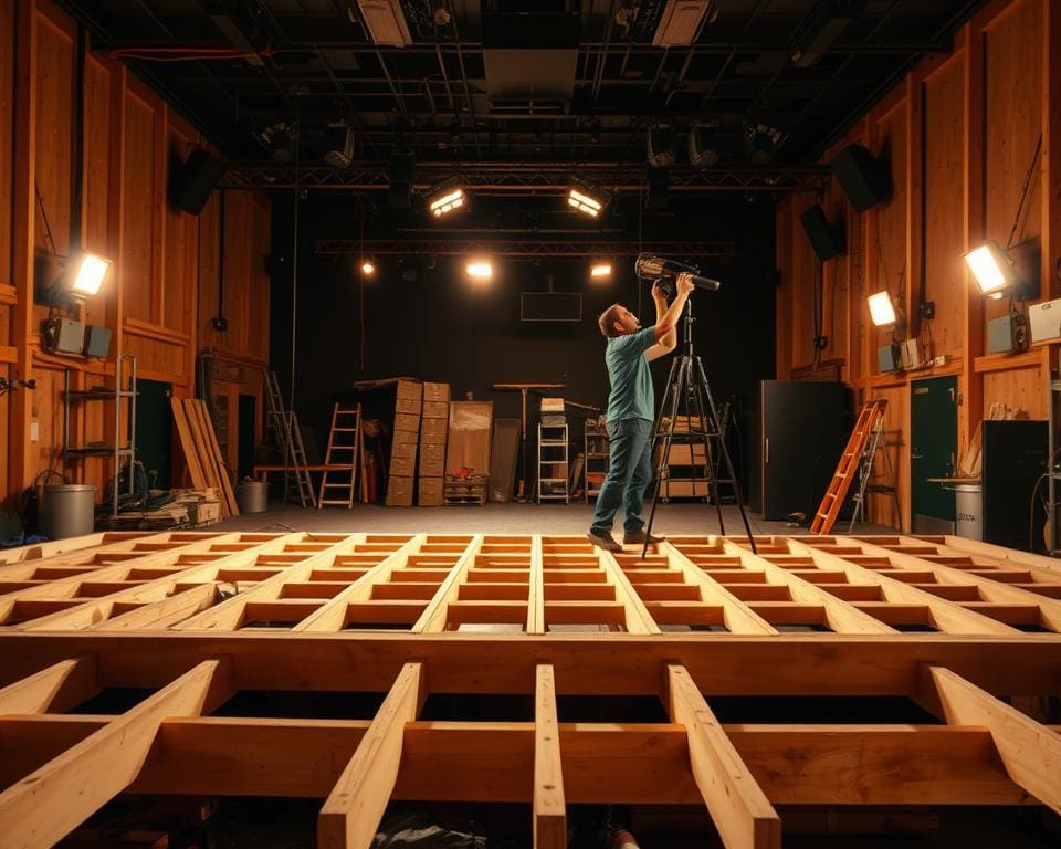 Hoe bouwt een stagehand een podium op?