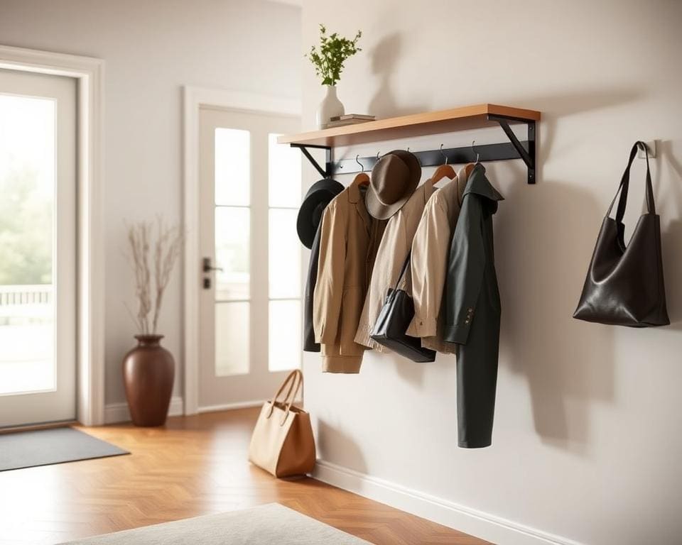 Hoe werkt een wandkapstok met plank in de hal?